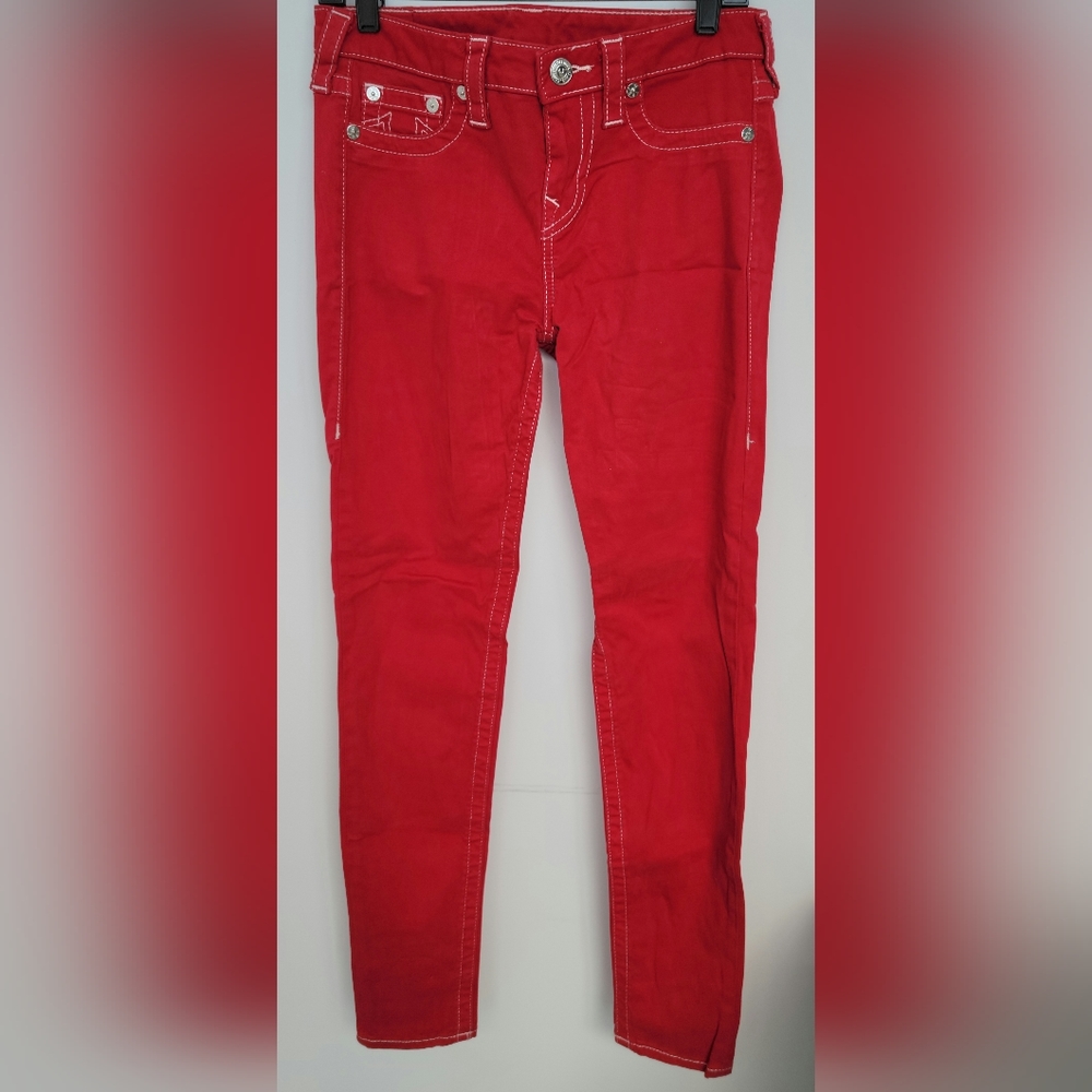 True Religion red straight leg pants with white stitch detail, Size 29